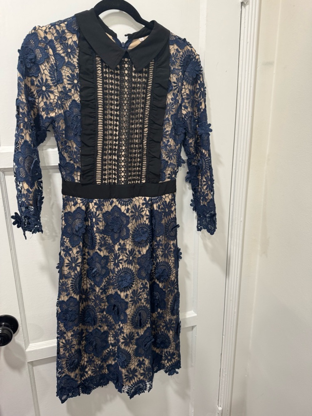 Navy Floral Lace Collared Dress